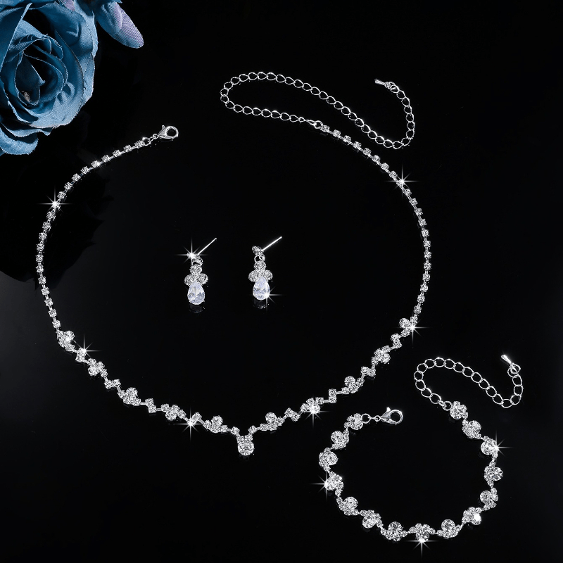 3pcs Rhinestone Necklace, Earrings, Bridal Wedding Set